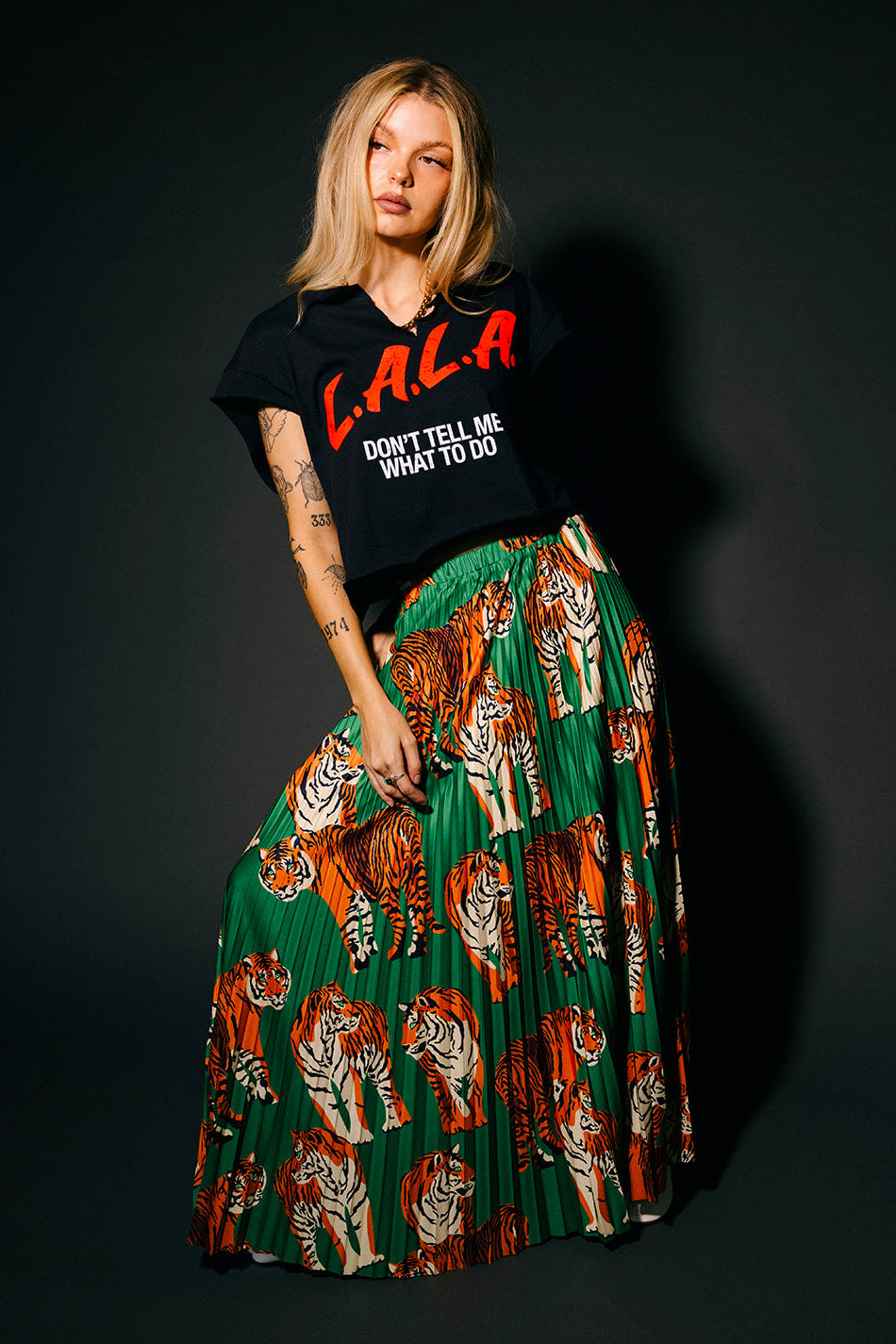 Untamable Pleated Midi Skirt in Tiger Tales on Green