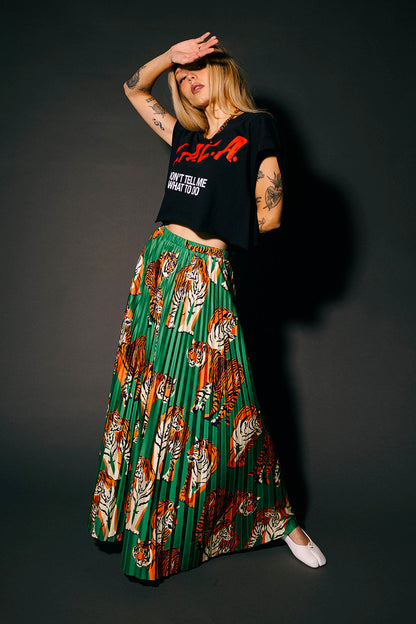 Untamable Pleated Midi Skirt in Tiger Tales on Green