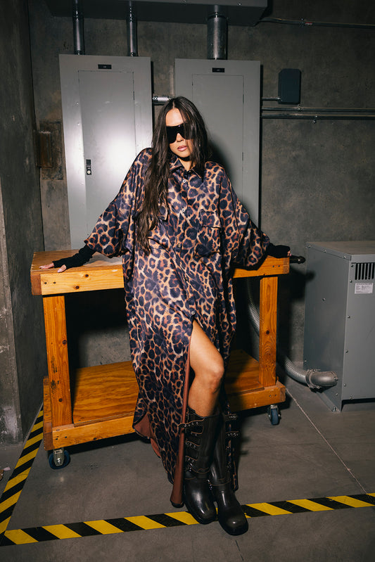 Bad Cat Leopard Satin Duster Dress