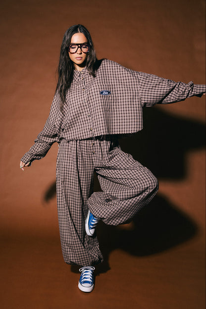 Past Lives Balloon Leg Boxer Pants in Brown Plaid
