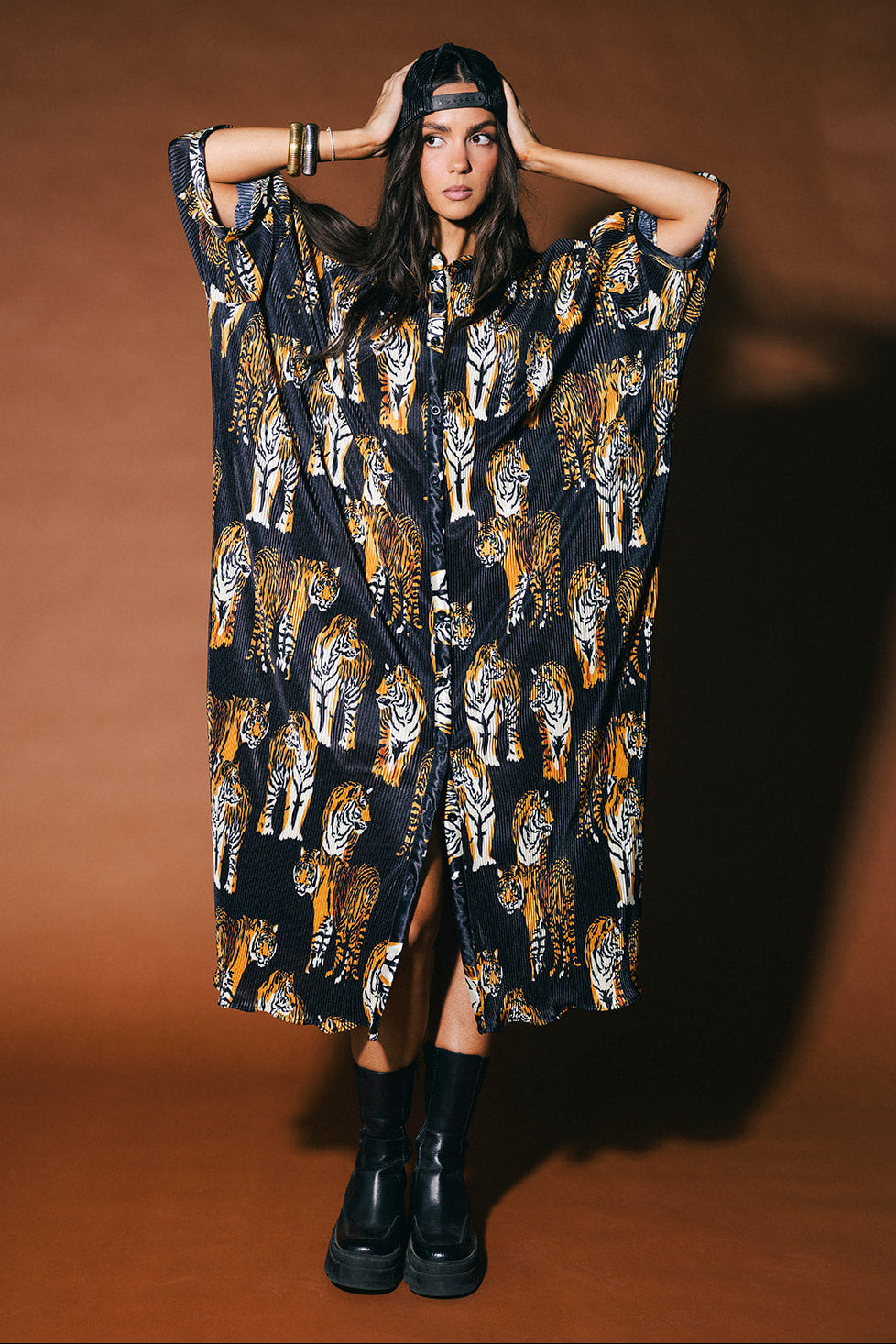 So Far So Good Oversized Plissé Dress in Black Tiger Tales