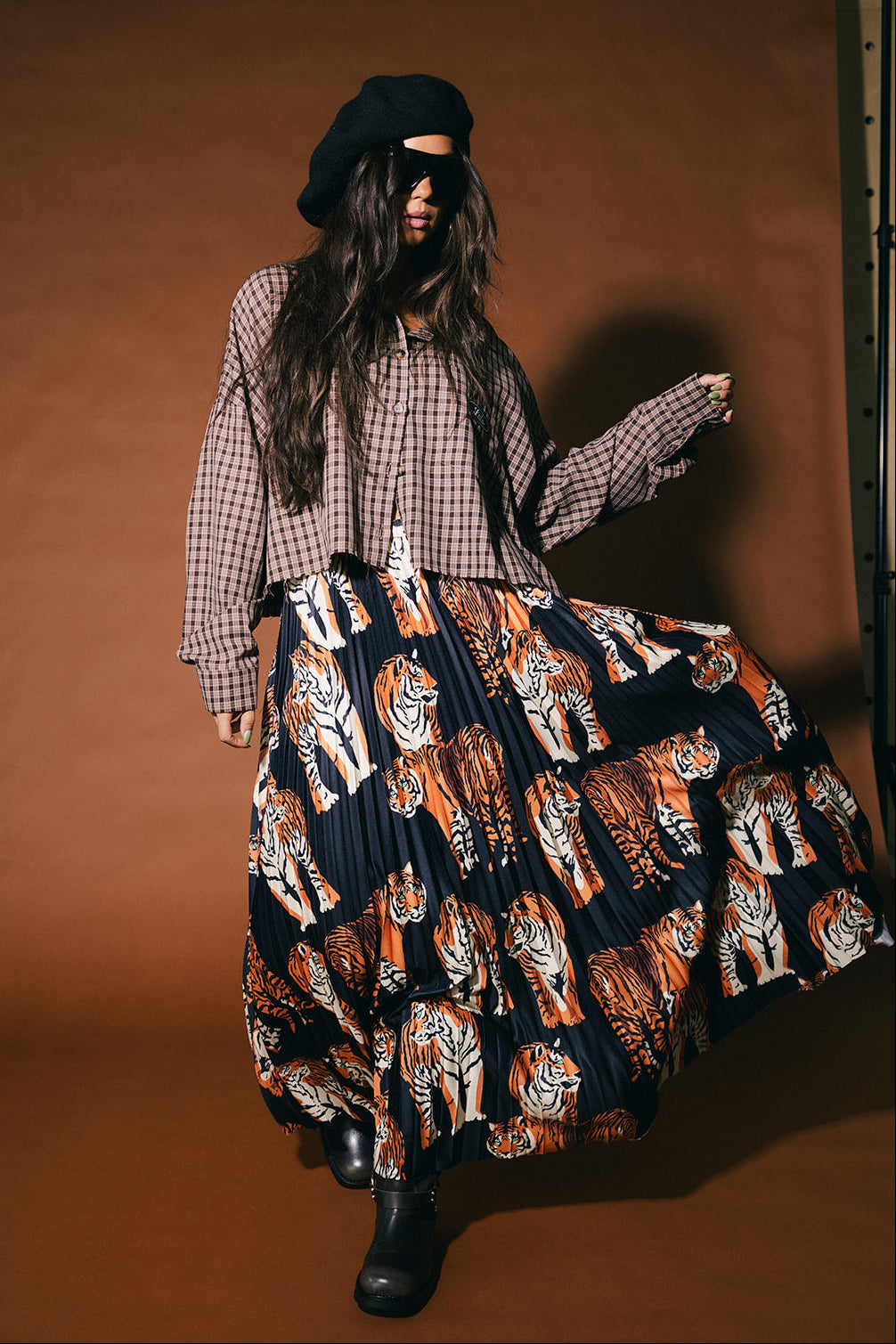 Untamable Pleated Midi Skirt in Black Tiger Tales