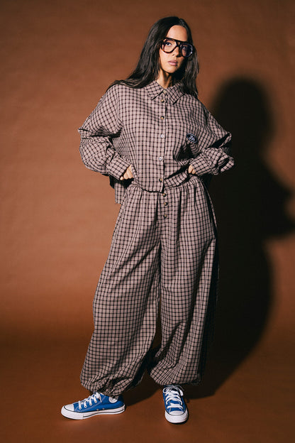 Past Lives Balloon Leg Boxer Pants in Brown Plaid