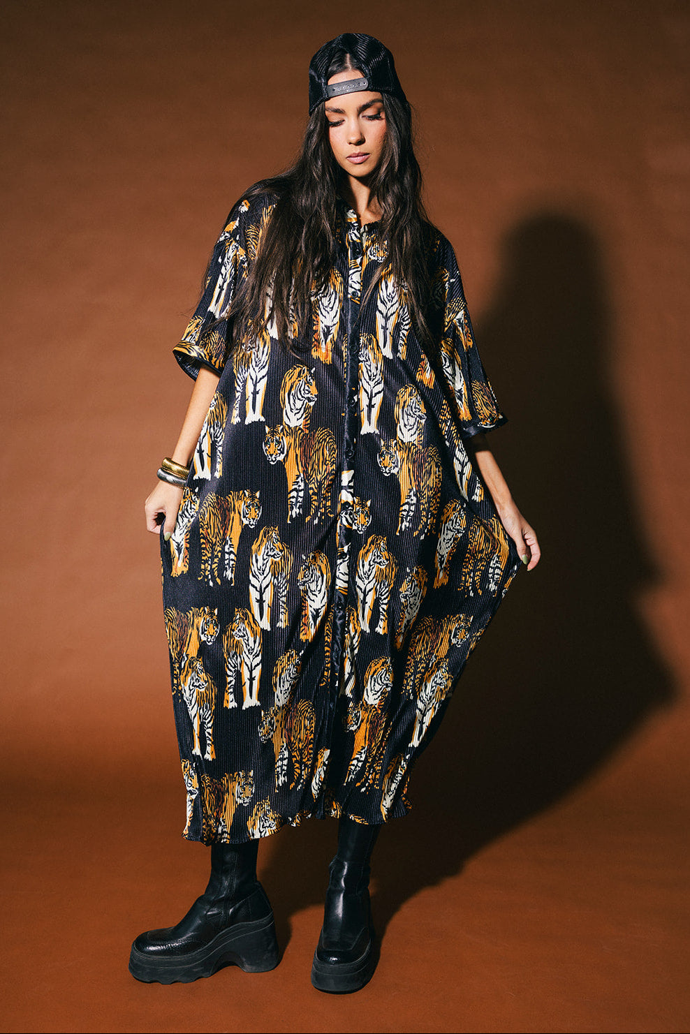 So Far So Good Oversized Plissé Dress in Black Tiger Tales