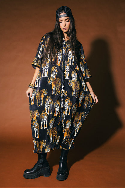 So Far So Good Oversized Plissé Dress in Black Tiger Tales