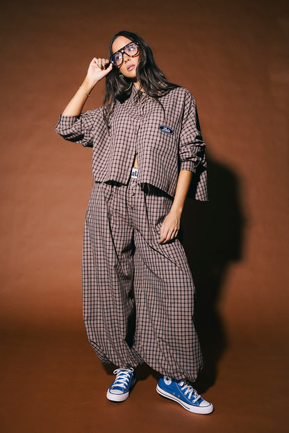 Past Lives Balloon Leg Boxer Pants in Brown Plaid