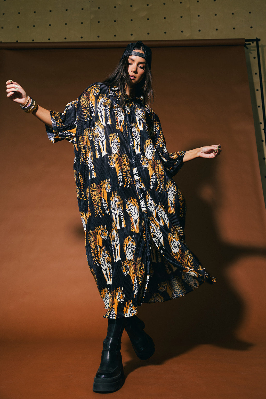 So Far So Good Oversized Plissé Dress in Black Tiger Tales