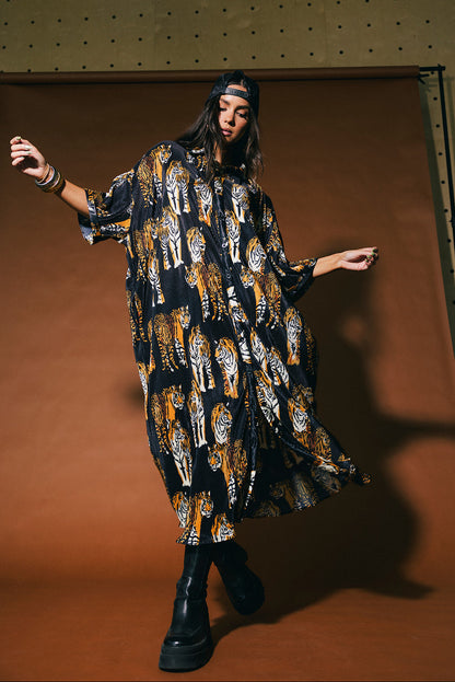 So Far So Good Oversized Plissé Dress in Black Tiger Tales