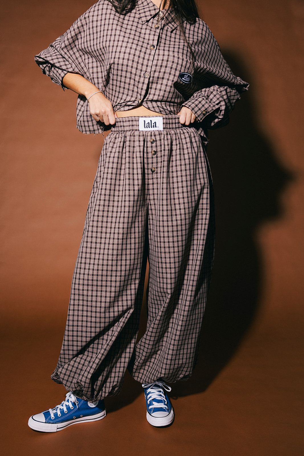 Past Lives Balloon Leg Boxer Pants in Brown Plaid