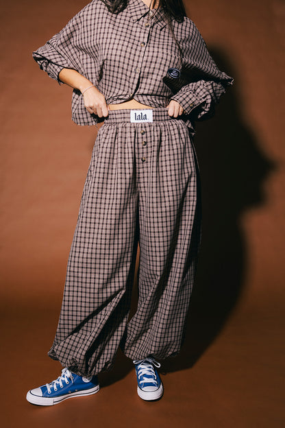 Past Lives Balloon Leg Boxer Pants in Brown Plaid