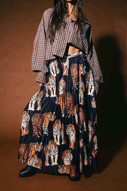 Untamable Pleated Midi Skirt in Black Tiger Tales
