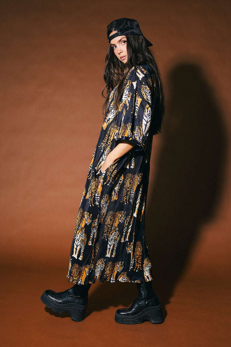 So Far So Good Oversized Plissé Dress in Black Tiger Tales