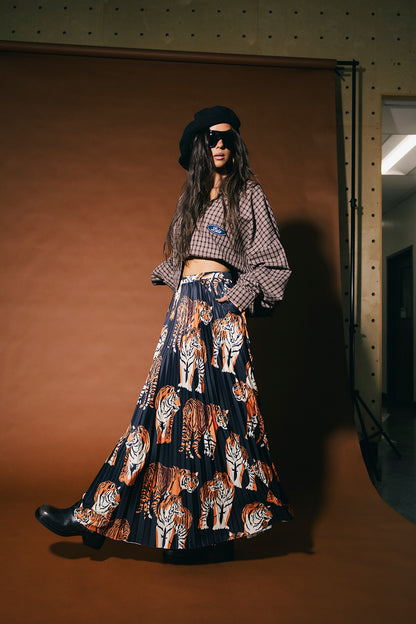Untamable Pleated Midi Skirt in Black Tiger Tales