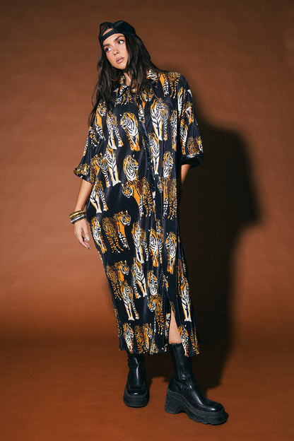 So Far So Good Oversized Plissé Dress in Black Tiger Tales