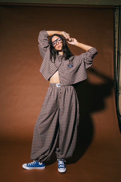 Past Lives Balloon Leg Boxer Pants in Brown Plaid