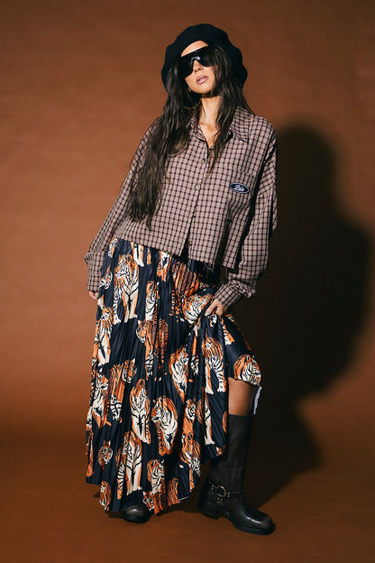 Meant to Be Boxy Cropped Button Up in Brown Plaid