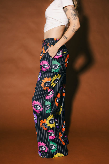 Whimsy Wonderland Black Pinstripe Wide Leg Satin Trousers