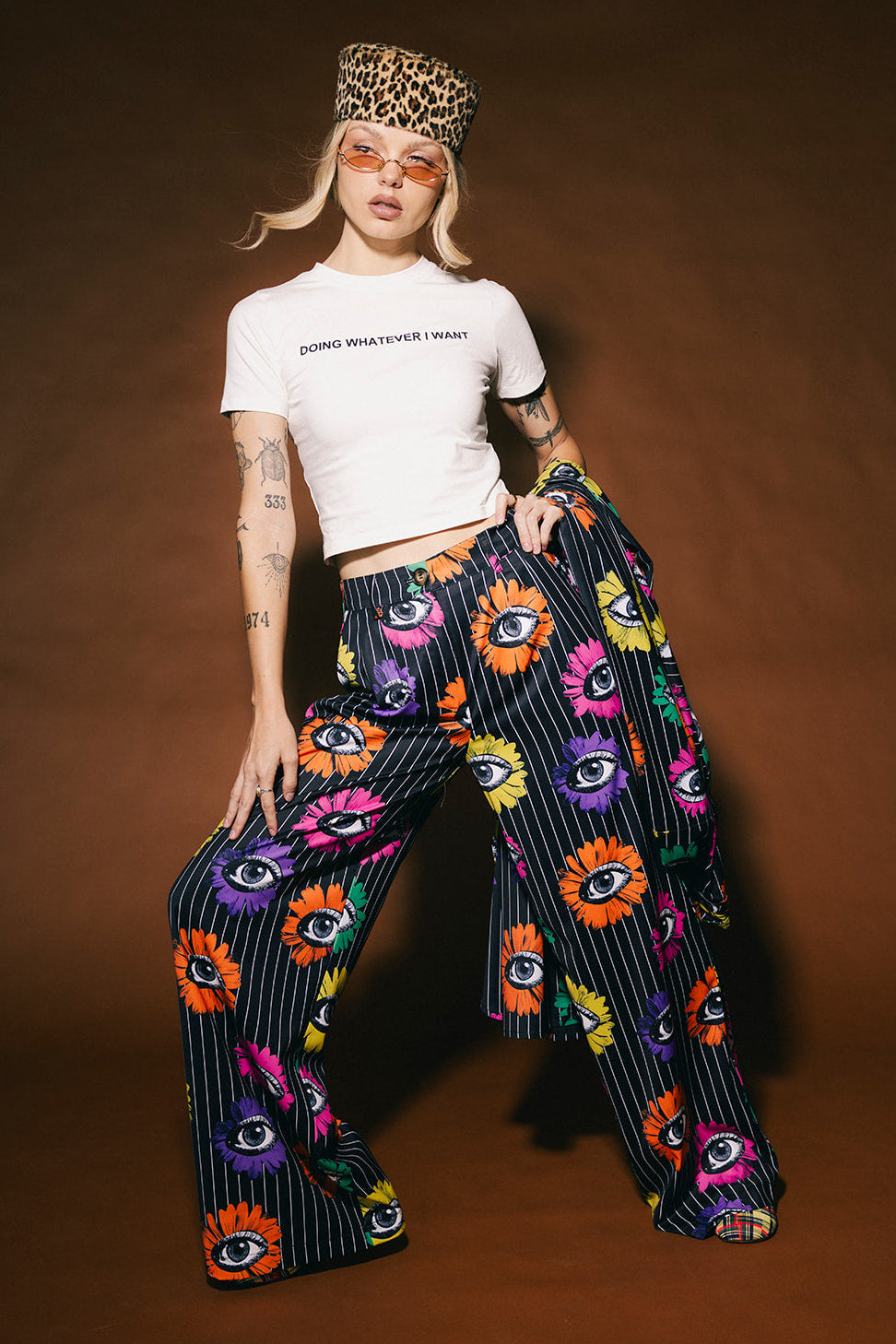 Whimsy Wonderland Black Pinstripe Wide Leg Satin Trousers