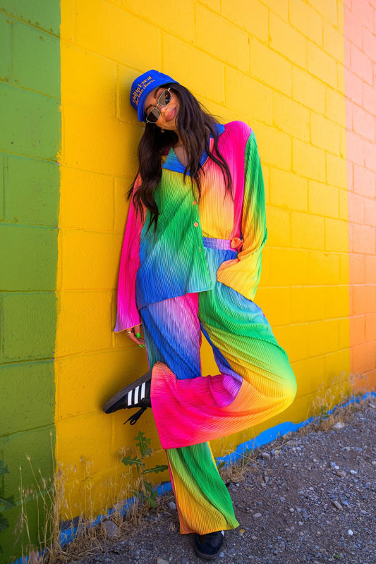 Long Sleeve Plissé Set in Prismatic Rainbow