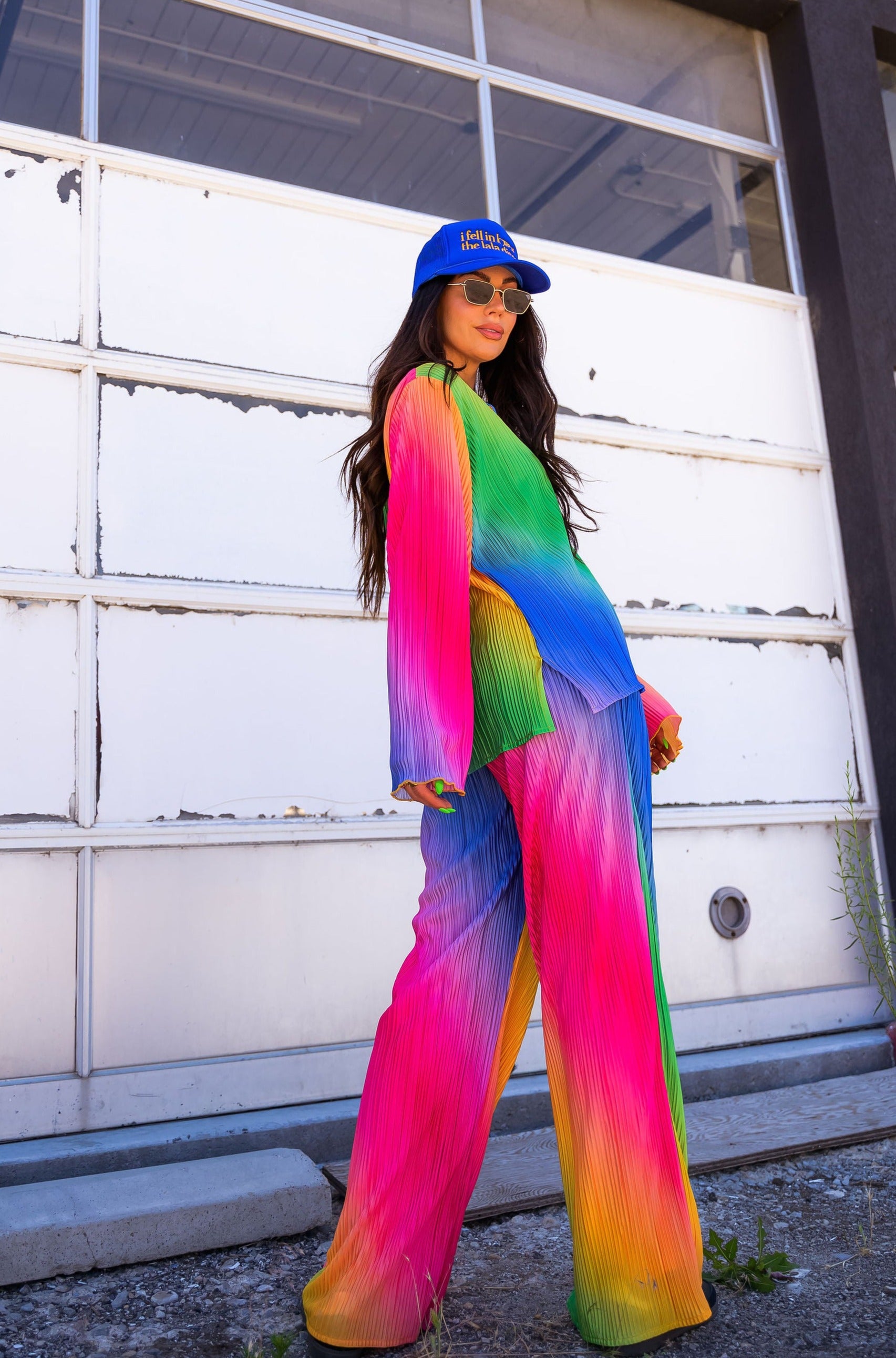 Long Sleeve Plissé Set in Prismatic Rainbow