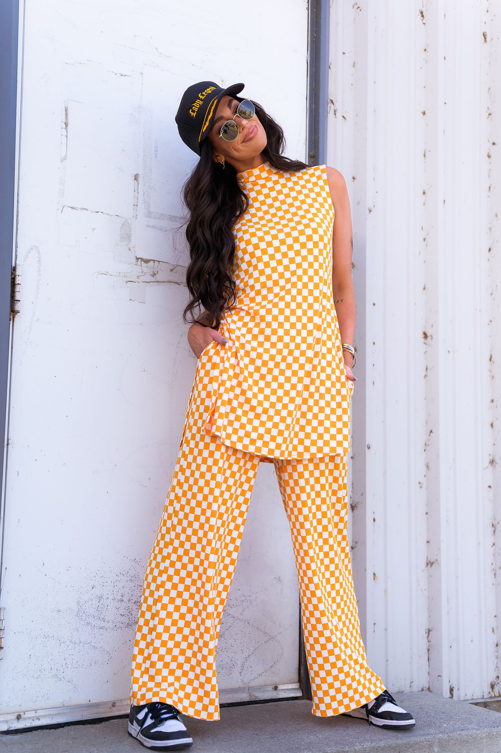 LALA ORIGINAL Gigi Sleeveless Ribbed Playsuit in Sunshine Check