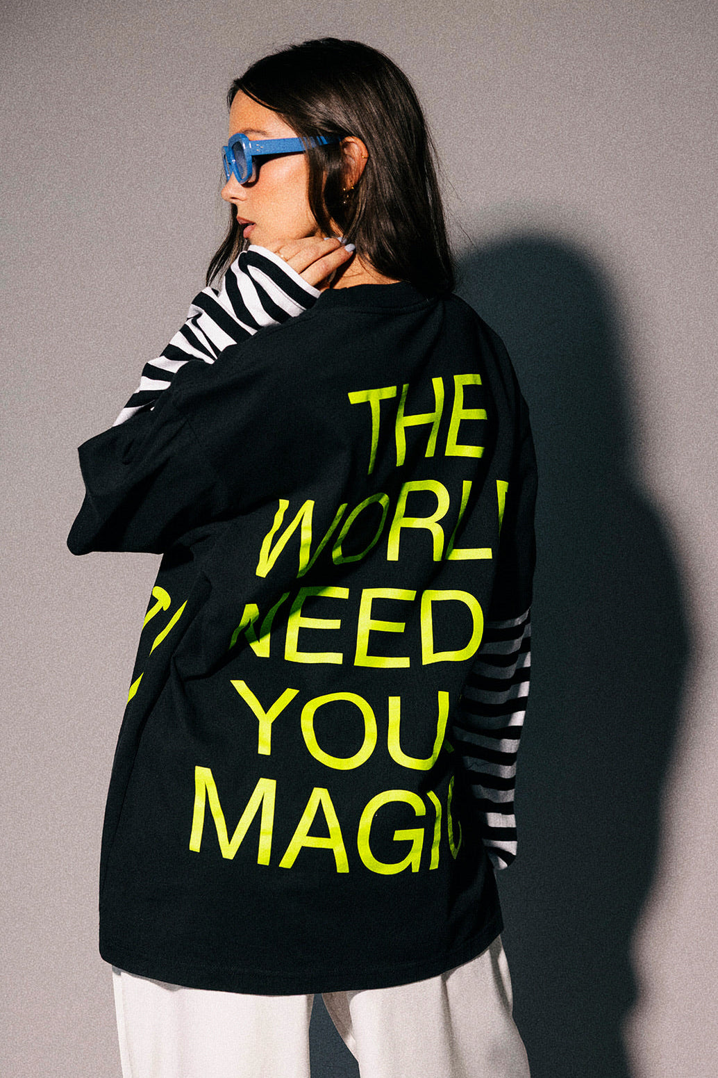 The World Needs Your Magic Layered Tee in Neon + Stripes