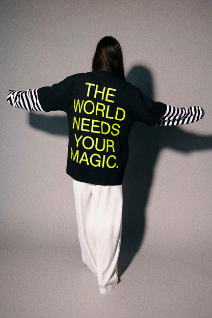 The World Needs Your Magic Layered Tee in Neon + Stripes
