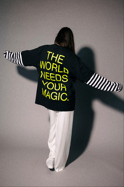 The World Needs Your Magic Layered Tee in Neon + Stripes