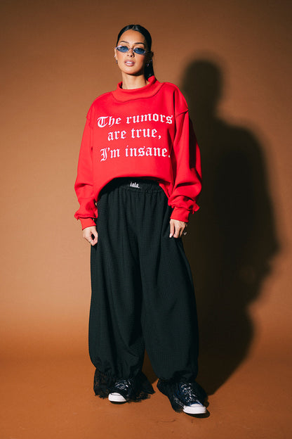 Person wearing a red sweatshirt with text and black pants on a brown background
