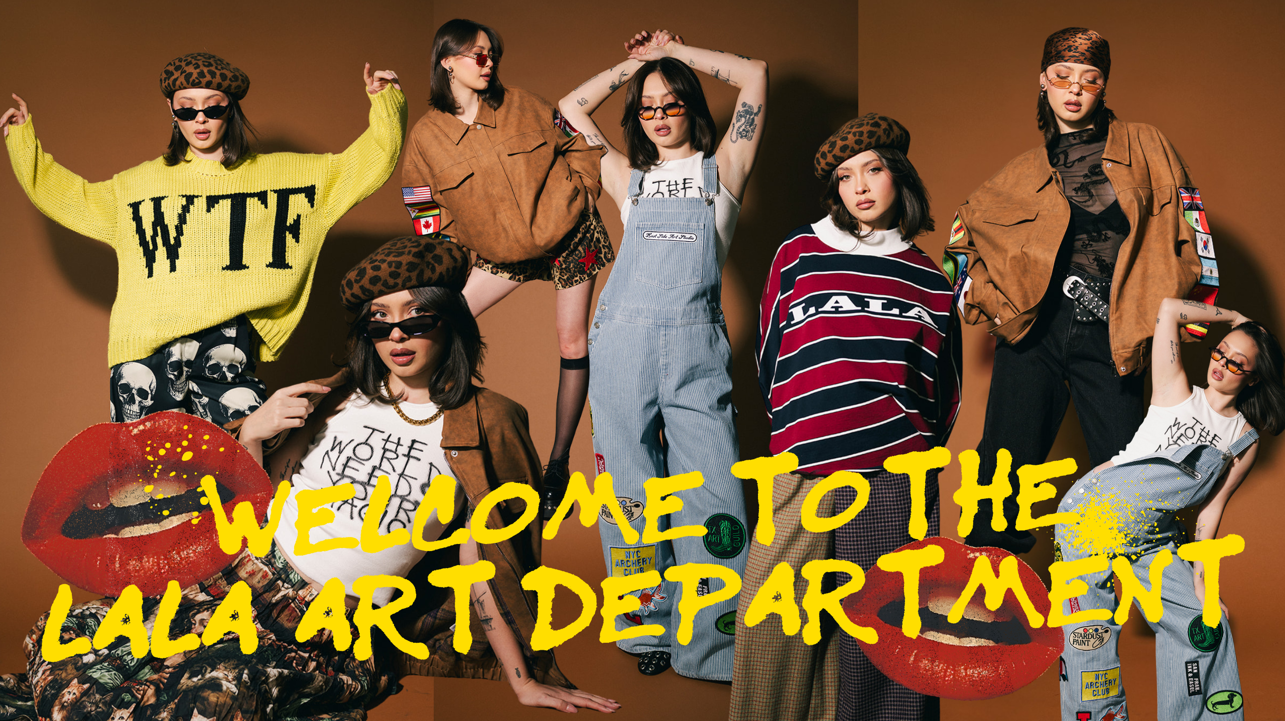 Collage of people wearing various outfits with text, featuring 'Welcome to the Lala Art Department' on a brown background.
