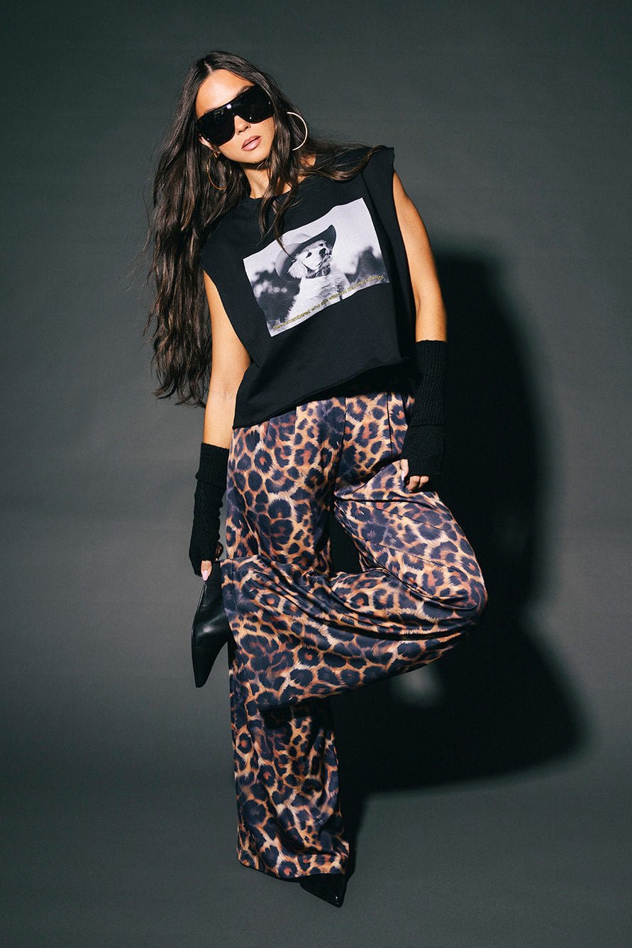 Bad Cat Satin Wide Leg Trousers in Leopard - Dressed in Lala