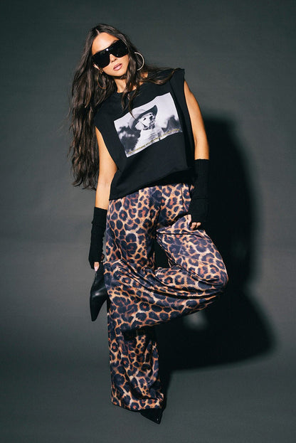 Bad Cat Satin Wide Leg Trousers in Leopard - Dressed in Lala