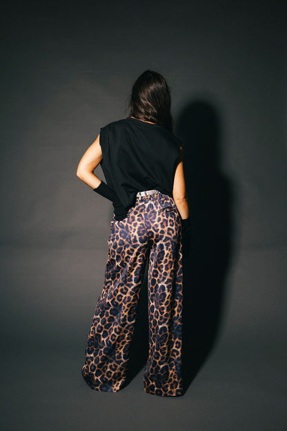 Bad Cat Satin Wide Leg Trousers in Leopard - Dressed in Lala