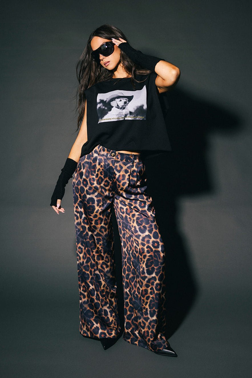 Bad Cat Satin Wide Leg Trousers in Leopard - Dressed in Lala