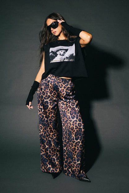 Bad Cat Satin Wide Leg Trousers in Leopard - Dressed in Lala