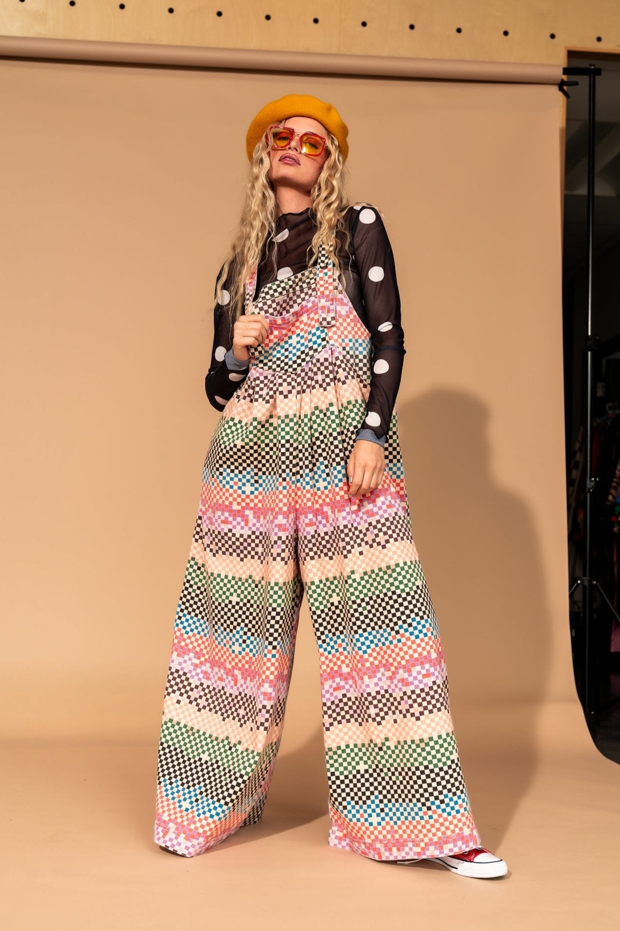 Big Feelings Oversized Denim Overalls in Grunge Rainbow Checkerboard - Dressed in Lala