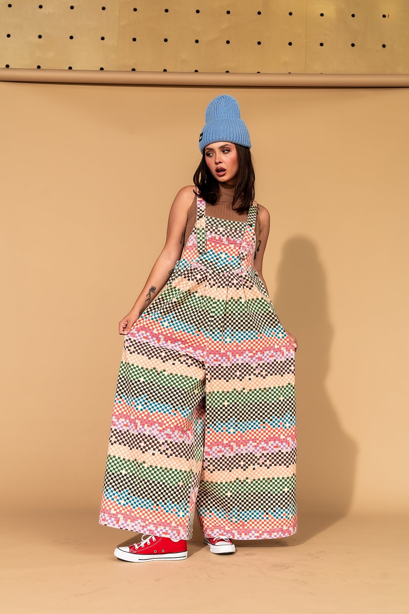 Big Feelings Oversized Denim Overalls in Grunge Rainbow Checkerboard - Dressed in Lala