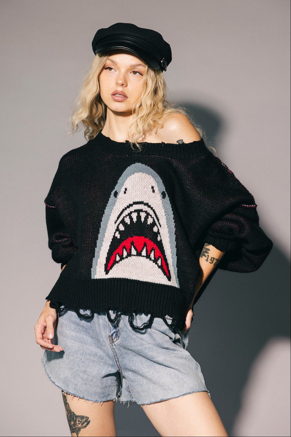 Bite Me Distressed Shark Sweater - Dressed in Lala