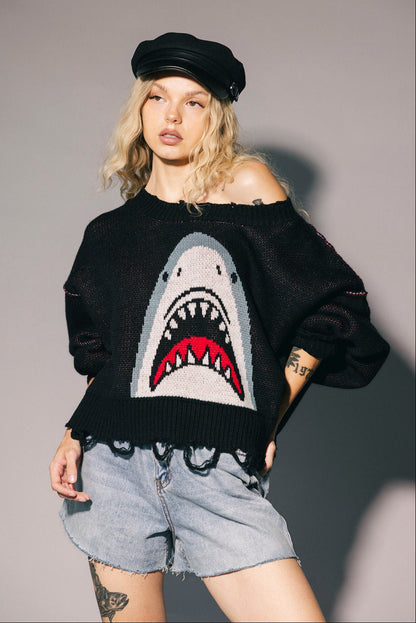 Bite Me Distressed Shark Sweater - Dressed in Lala