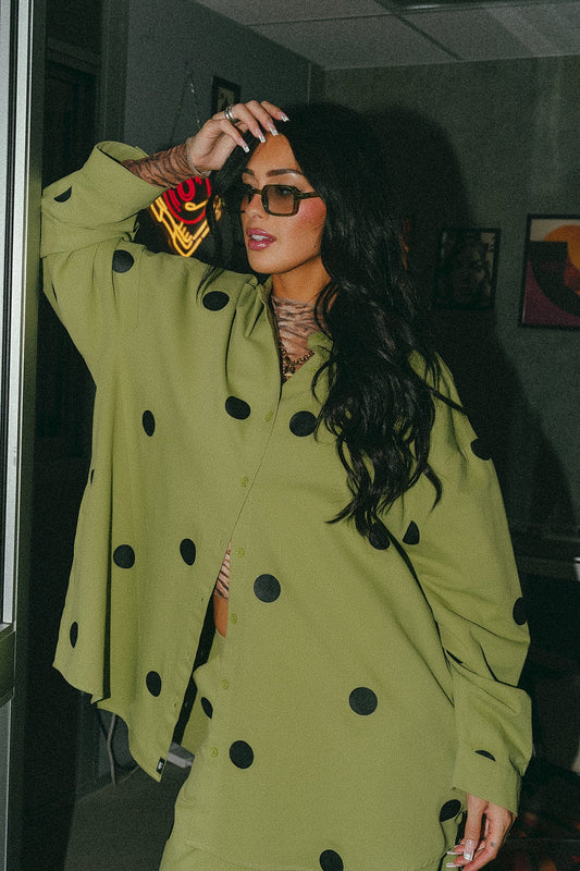 Cause a Scene Polka Dot Shirt Jacket in Avocado Green - Dressed in Lala