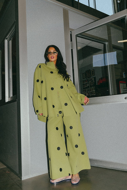 Cause a Scene Wide Leg Polka Dot Pants in Avocado Green - Dressed in Lala