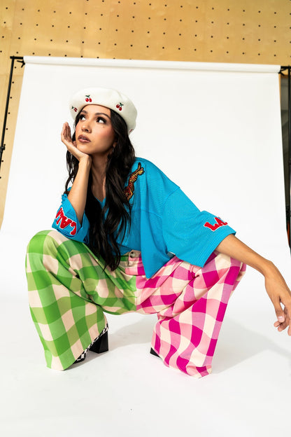 Gemini Half & Half Trousers in Pink + Green - Dressed in Lala
