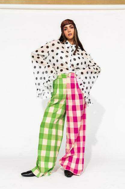 Gemini Half & Half Trousers in Pink + Green - Dressed in Lala