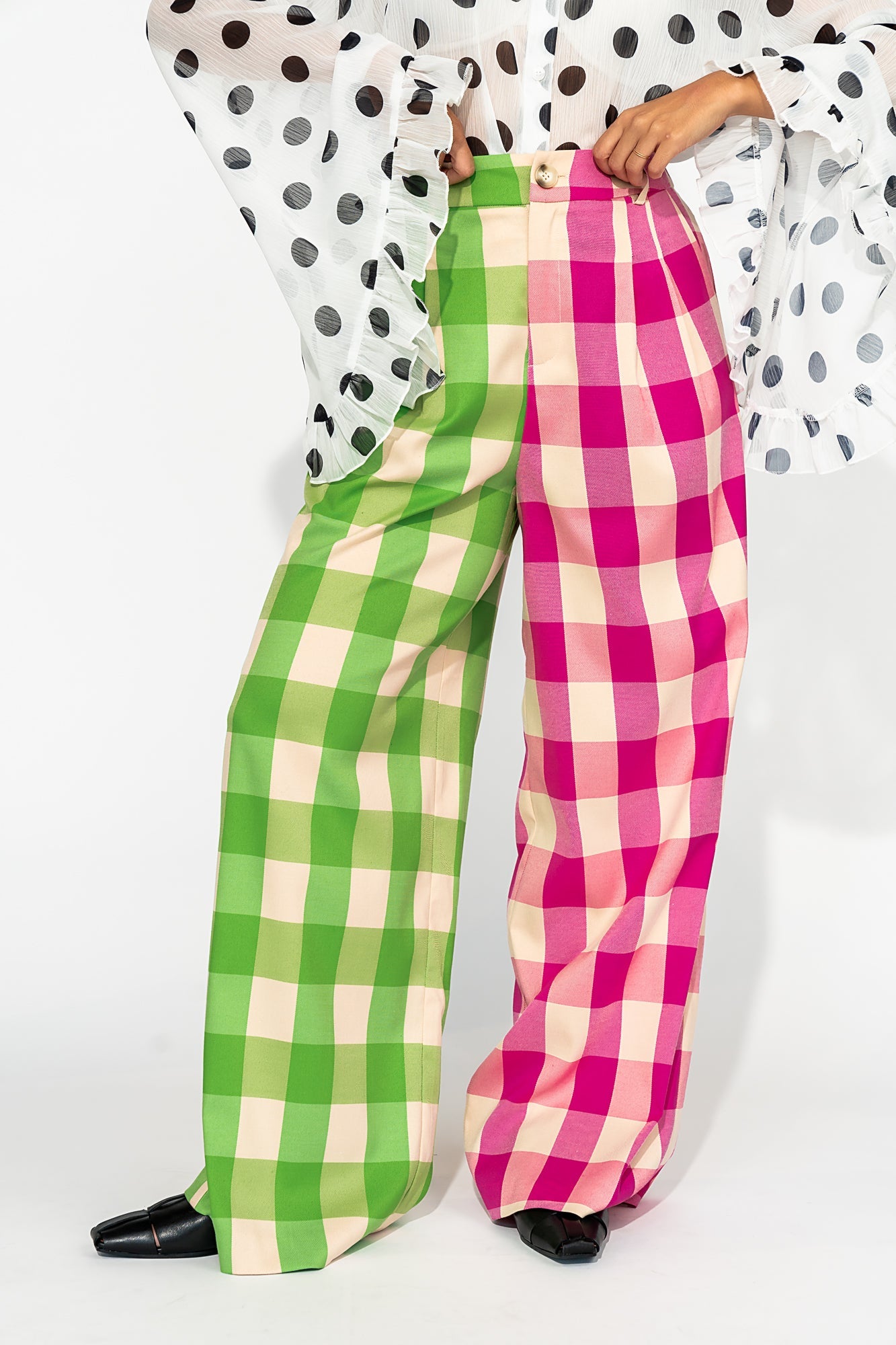 Gemini Half & Half Trousers in Pink + Green - Dressed in Lala