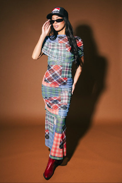 Girl From Mars Mesh Dress + Shawl in Mixed Plaids - Dressed in Lala