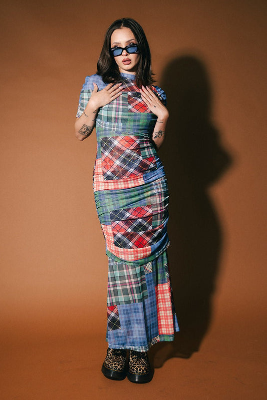 Girl From Mars Mesh Dress + Shawl in Mixed Plaids - Dressed in Lala