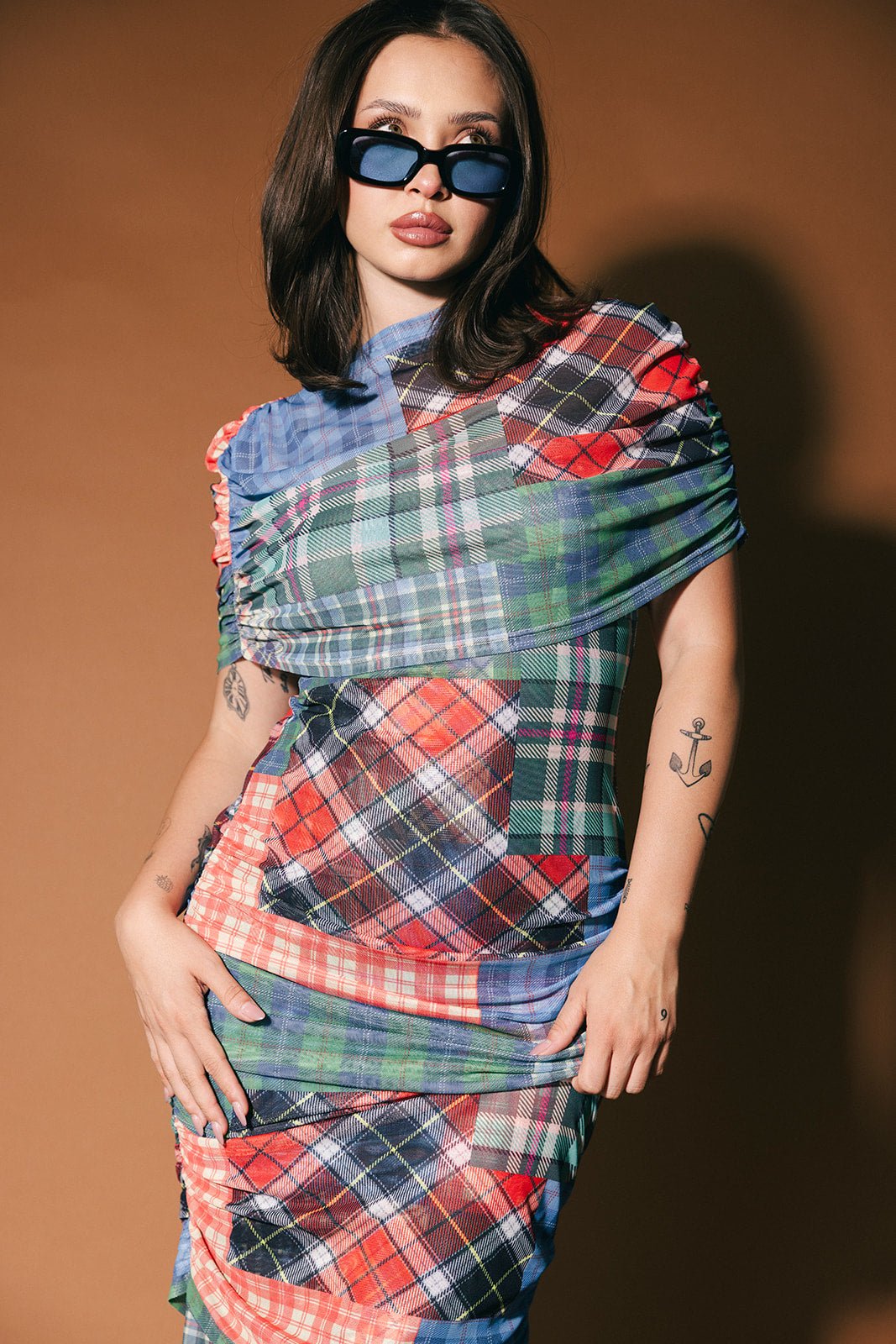 Girl From Mars Mesh Dress + Shawl in Mixed Plaids - Dressed in Lala