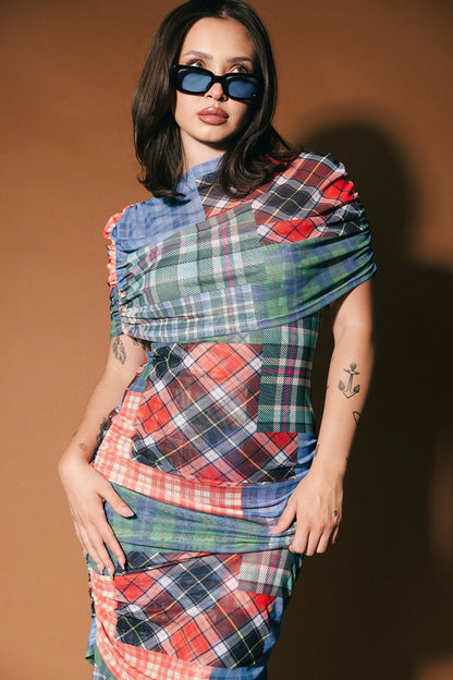 Girl From Mars Mesh Dress + Shawl in Mixed Plaids - Dressed in Lala