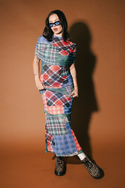 Girl From Mars Mesh Dress + Shawl in Mixed Plaids - Dressed in Lala