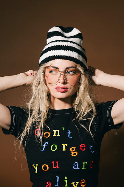 Grunge Chic Beanie in Black + White Stripe - Dressed in Lala